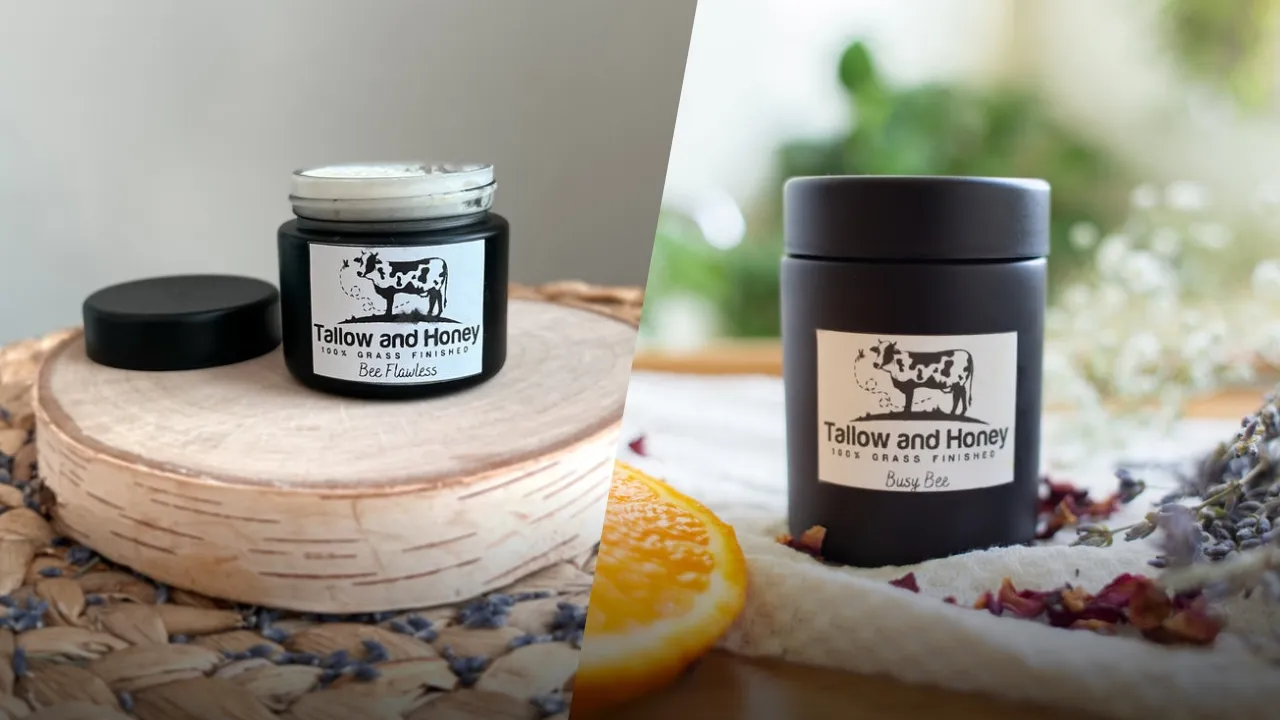 Two different black jars of Tallow and Honey balm, labeled 'Bee Flawless' and 'Busy Bee,' representing high-quality Tallow Skincare products.