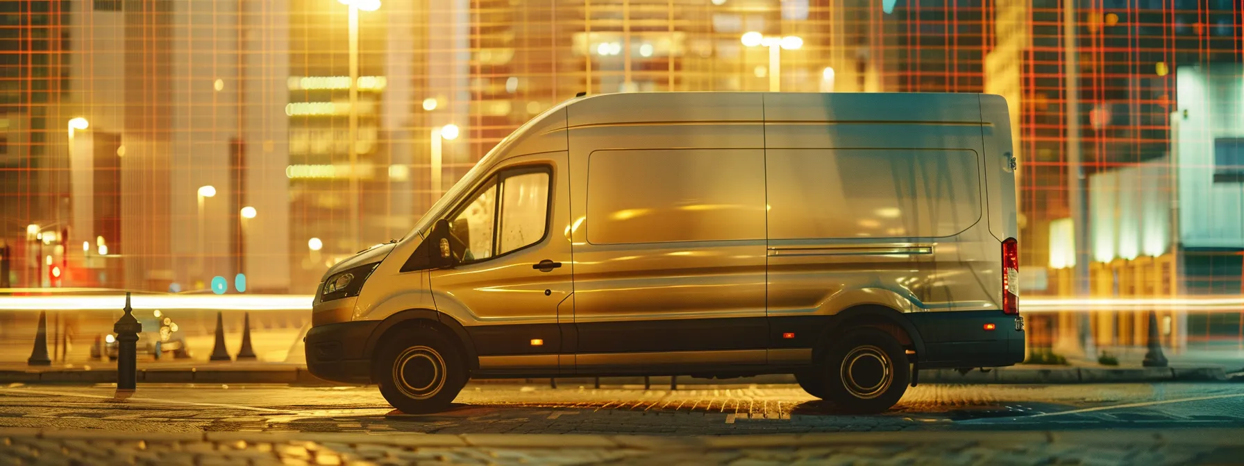 a sleek, modern cargo van parked in front of a fuel-efficient ratings chart, symbolizing the importance of selecting the right vehicle for cost-effective business operations.