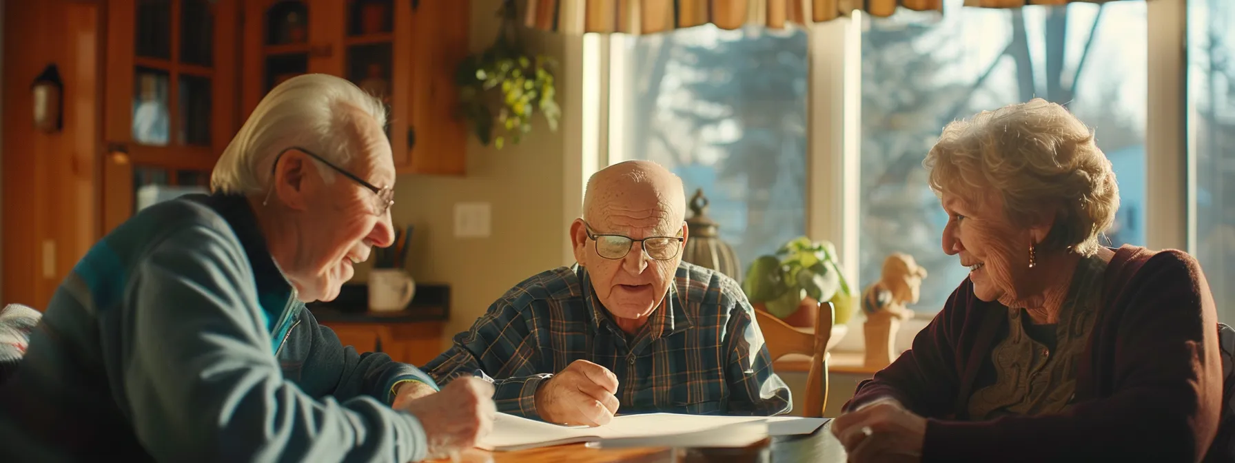 a group of seniors sitting together reviewing different life insurance options.