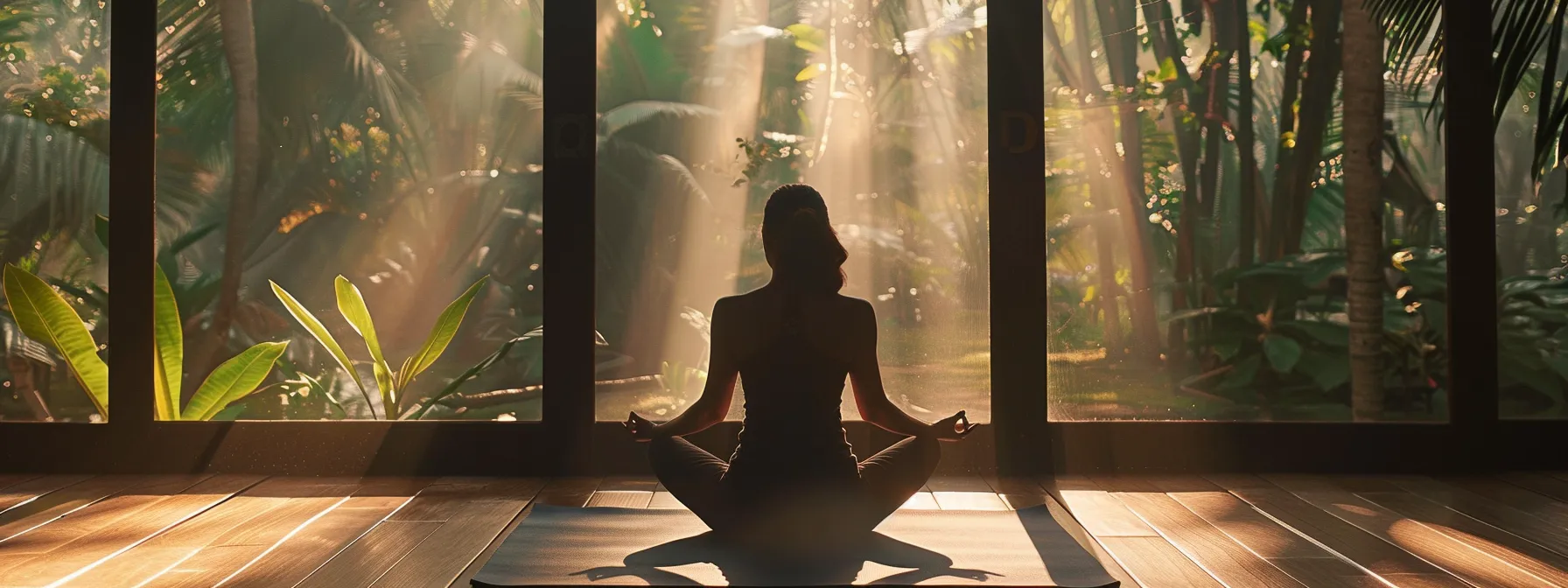 a person performing yoga in a serene setting, surrounded by nature and focusing on inner harmony and balance.