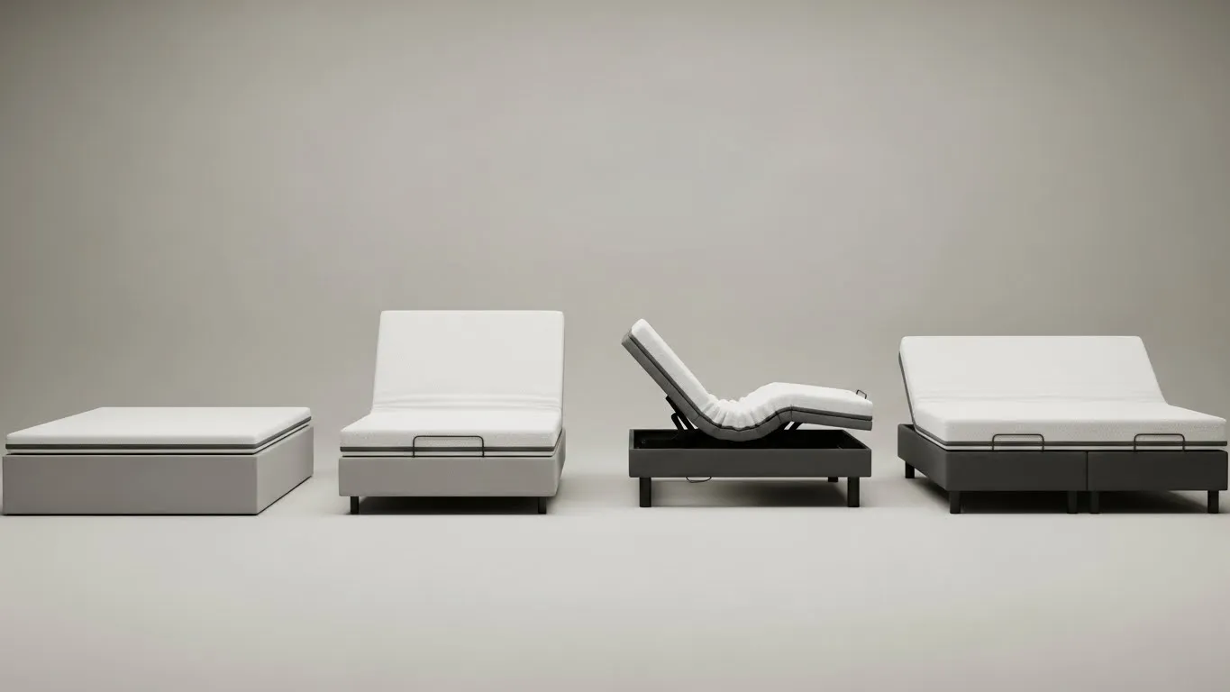 Adjustable bed bases showcasing various positions and designs, illustrating options for personalized comfort and sleep enhancement.