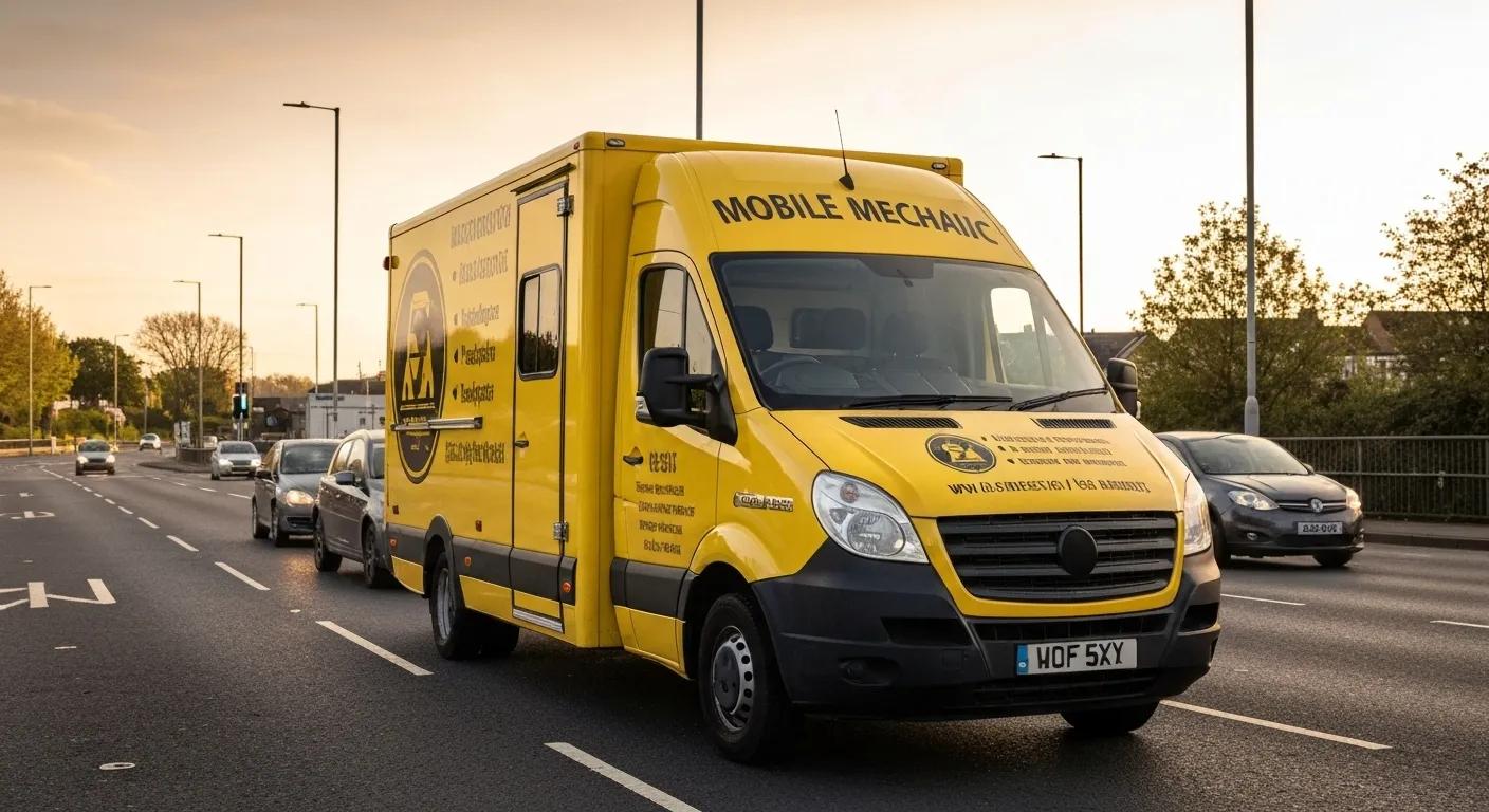 Mobile mechanic van on a Birmingham road, highlighting emergency car repair services