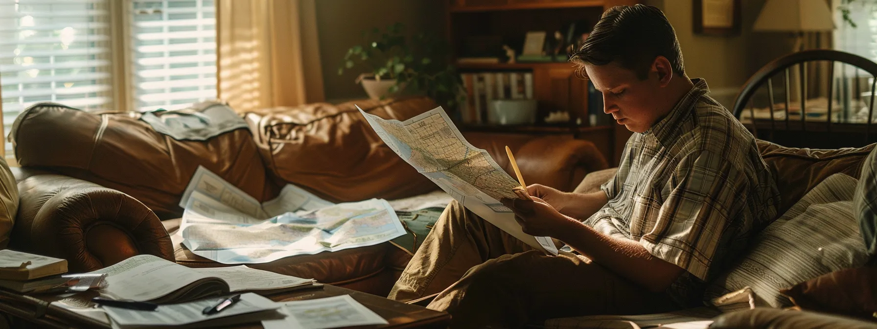 a person carefully studying flood insurance rate maps in a north carolina home.