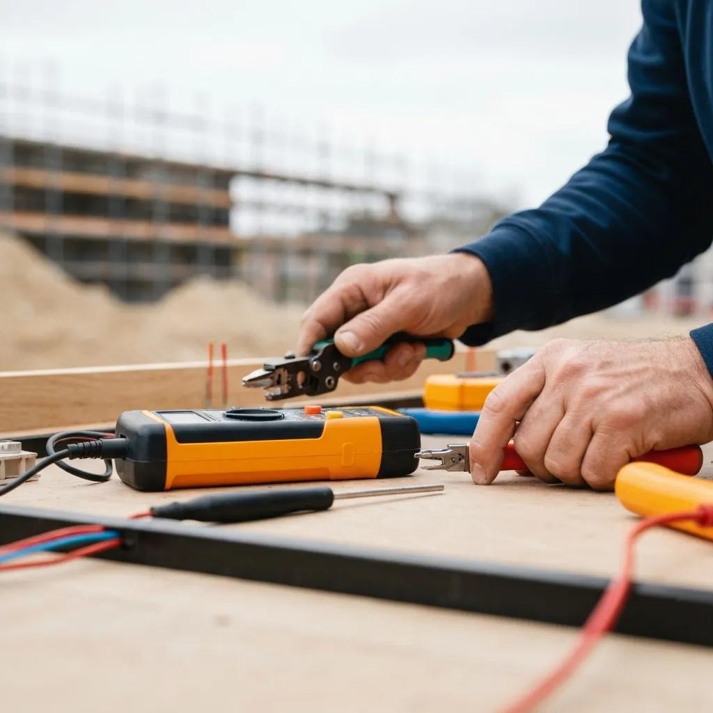A close-up shot of an electrician's skilled hands using tools on a wiring project, highlighting their expertise