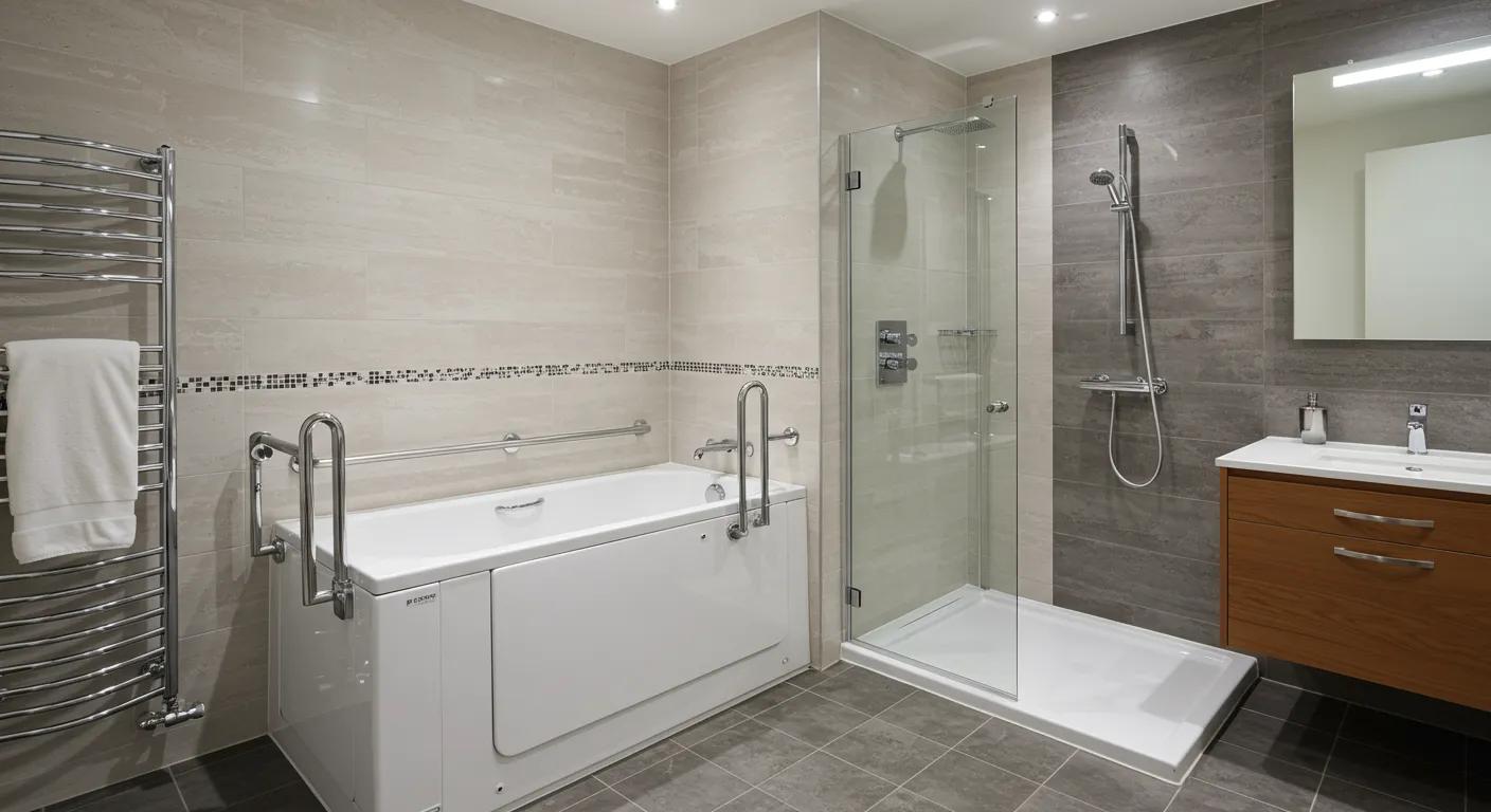 a modern bathroom showcases a stylish walk-in tub complete with safety bars on one side and an elegant walk-in shower with sleek glass doors on the other, emphasizing comfort and independence for seniors in a well-lit, contemporary setting.