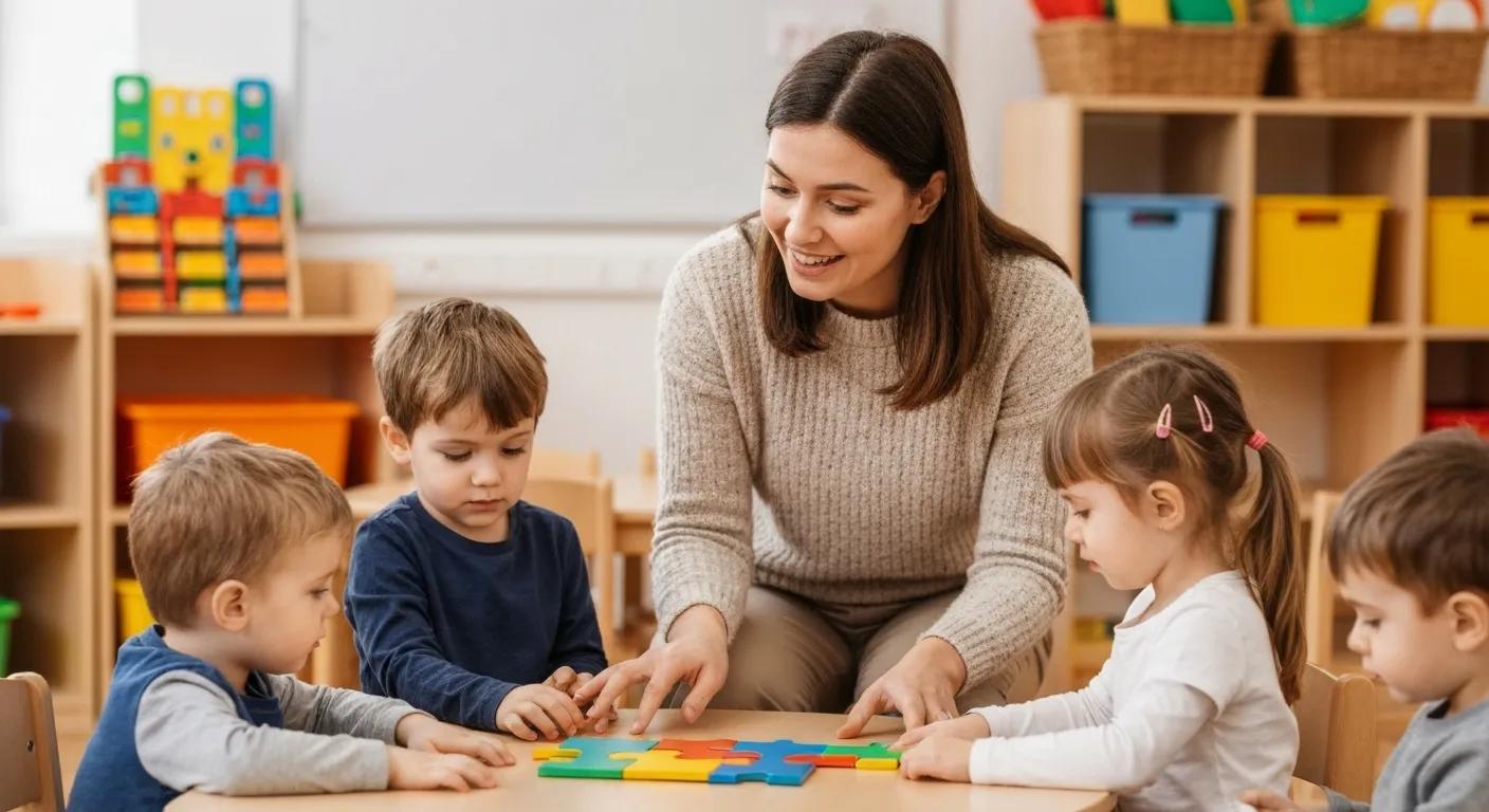 An educator guiding preschoolers through a problem-solving activity, emphasizing leadership skill development