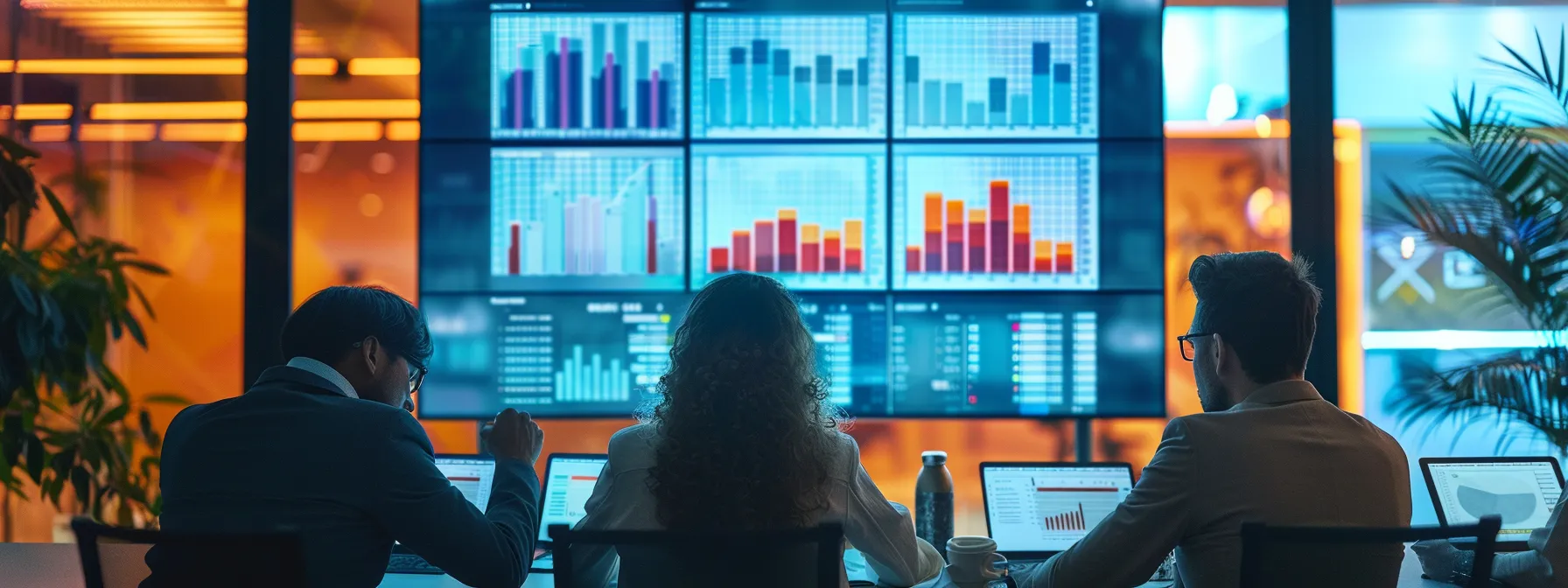 a group of diverse business professionals analyzing charts and graphs showing the success of seo strategies on a large conference room screen.