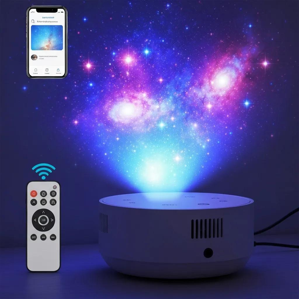 A close-up view of a galaxy projector showcasing its intricate design and vibrant, swirling star patterns