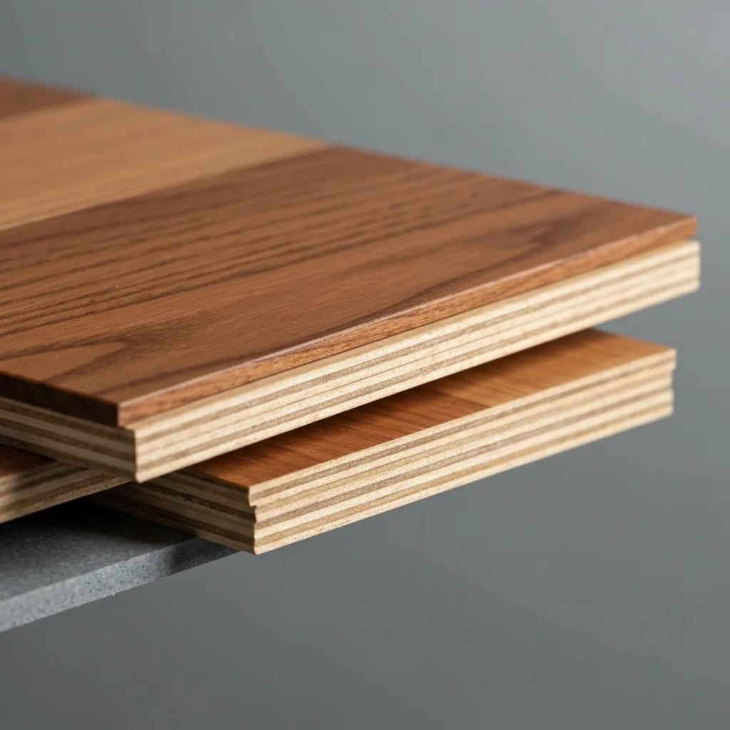 Close-up of engineered wood flooring layers highlighting construction and stability