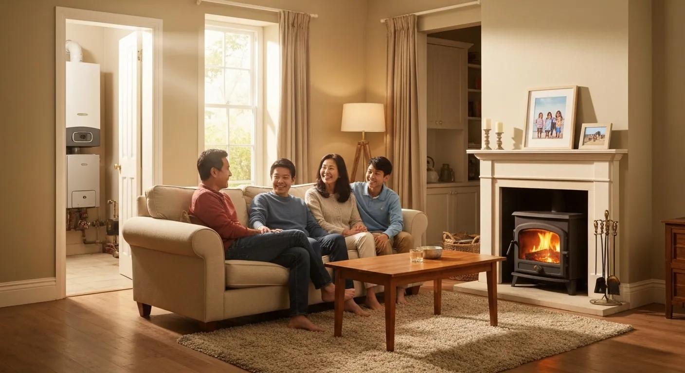 A cozy home interior with a family enjoying warmth, emphasizing the importance of a functioning boiler for emergency repairs