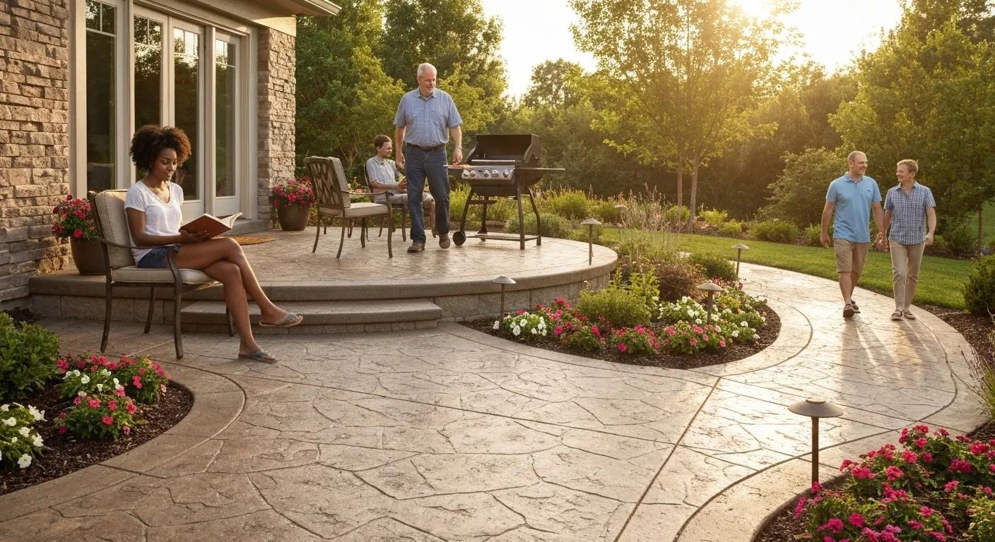 Decorative concrete patio with exposed aggregate showcasing aesthetic enhancements and outdoor enjoyment