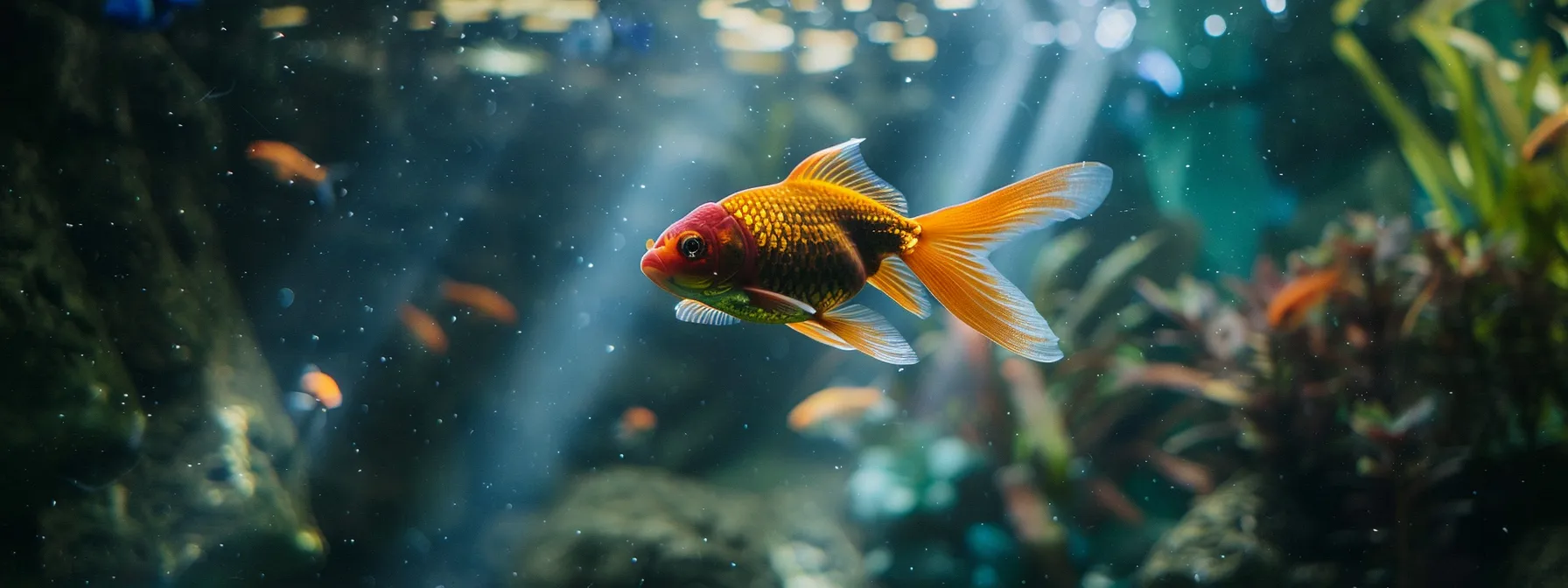 a vibrant goldfish swimming energetically in a beautifully decorated aquarium.