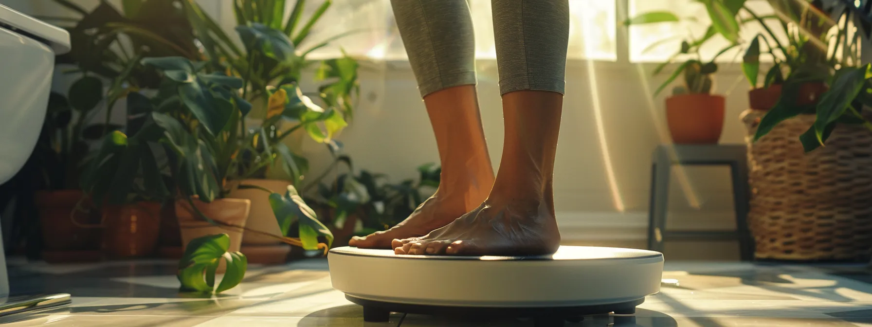 a person stepping on a bathroom scale with a determined expression on their face.