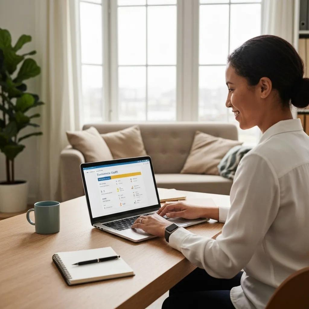 A business owner attentively monitoring credit scores on a laptop within a comfortable workspace, illustrating proficient credit management techniques