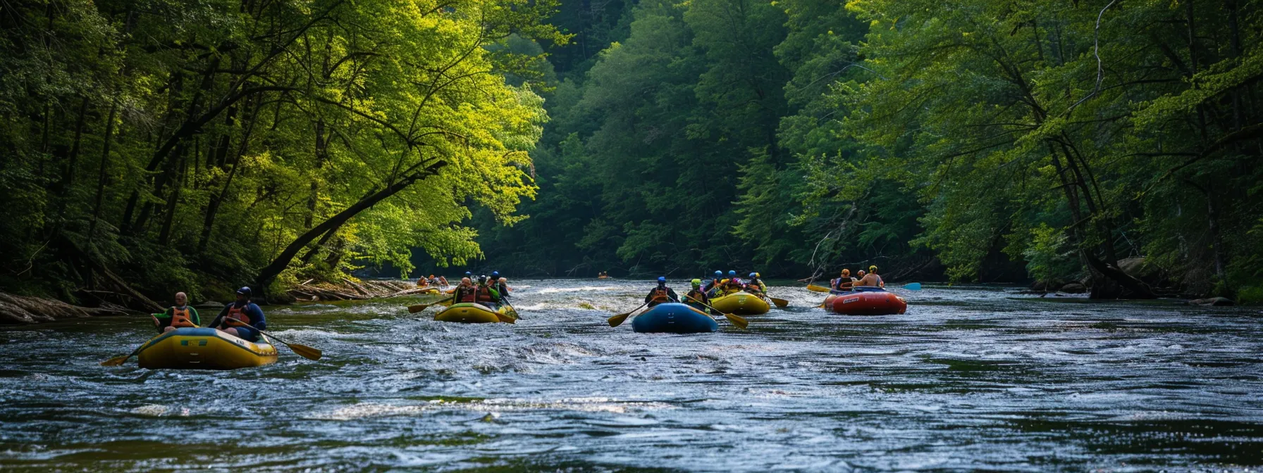 a group of colorful rafts navigating through rushing waters, surrounded by lush green forests along the ocoee river.