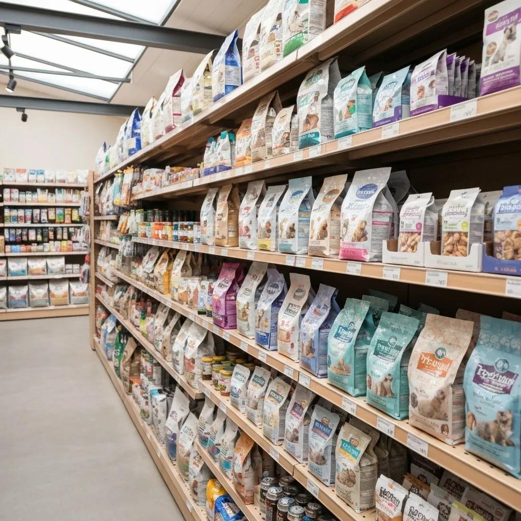 A brightly lit aisle in a pet supply store, showcasing an extensive array of pet food brands and essential products