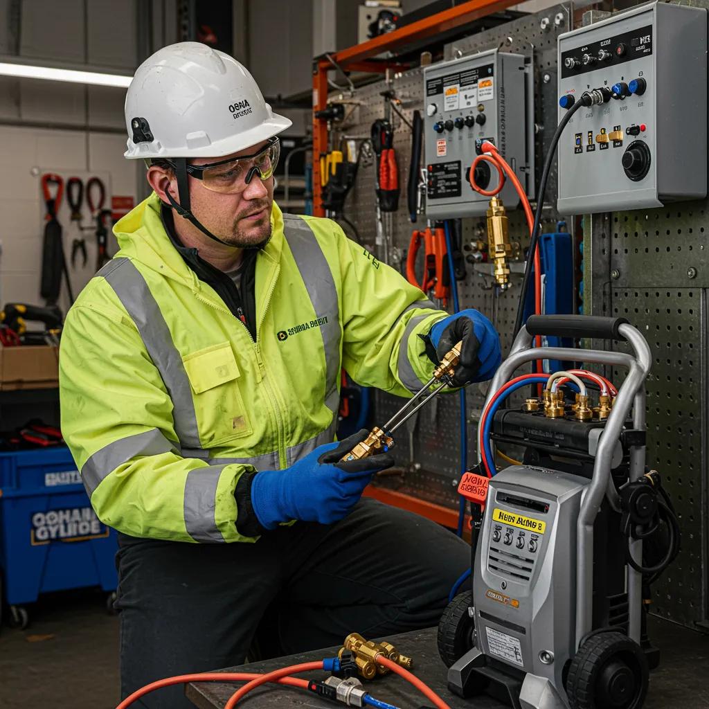 Technician inspecting electrical safety equipment for pressure washing compliance