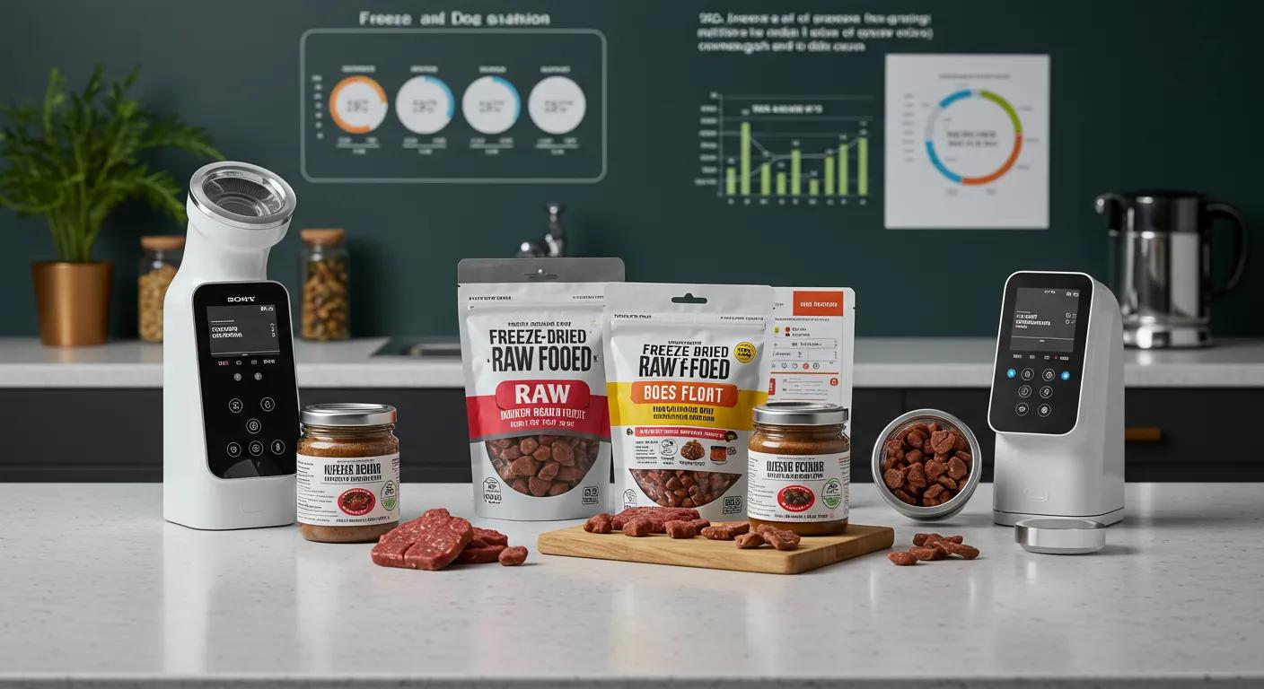 a modern, sleek kitchen countertop showcases vibrant, freeze-dried raw dog food in stylish packaging, surrounded by high-tech kitchen gadgets and a backdrop of nutritional charts, emphasizing superior nutrient preservation.