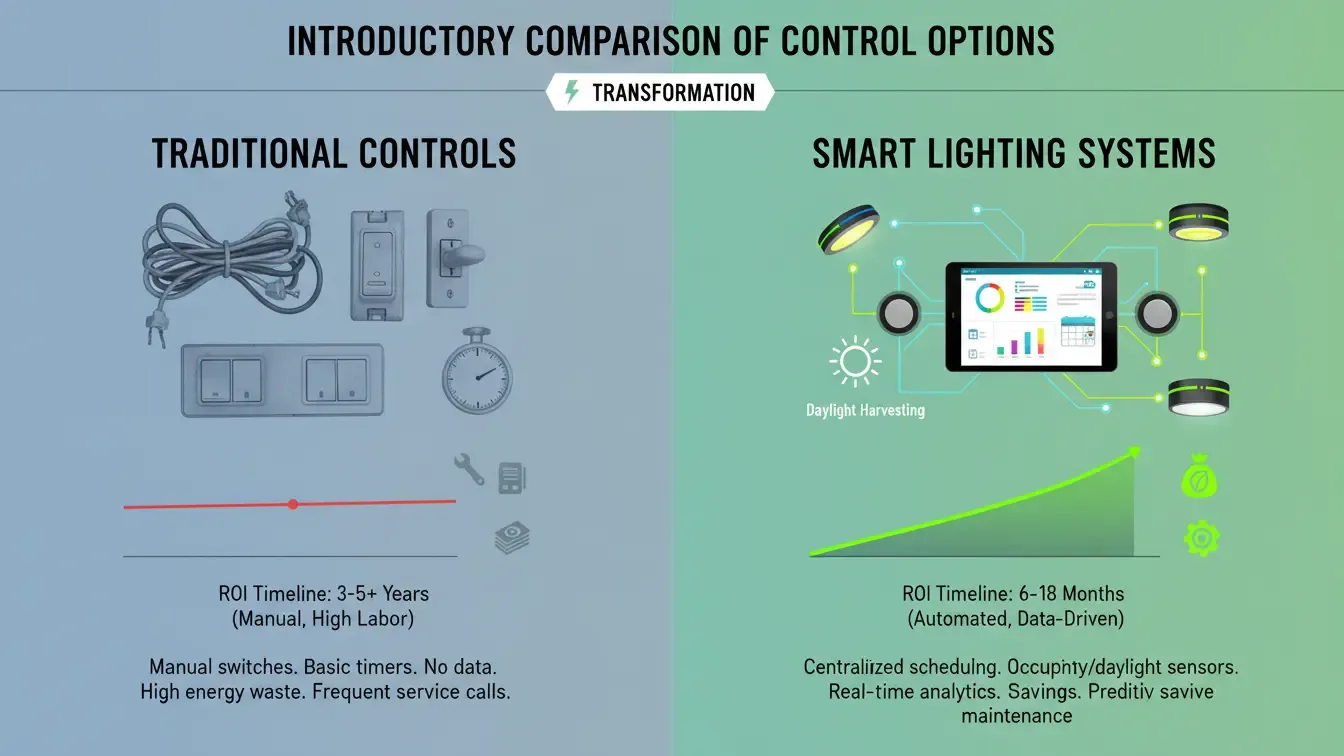 Comparison graphic showing traditional lighting controls versus smart commercial lighting systems with ROI timelines
