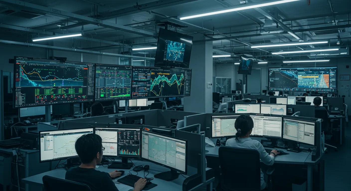 a vibrant, bustling urban office filled with data screens displaying river water levels and weather patterns, illustrating the analysis process for determining safe tubing conditions after heavy rain.