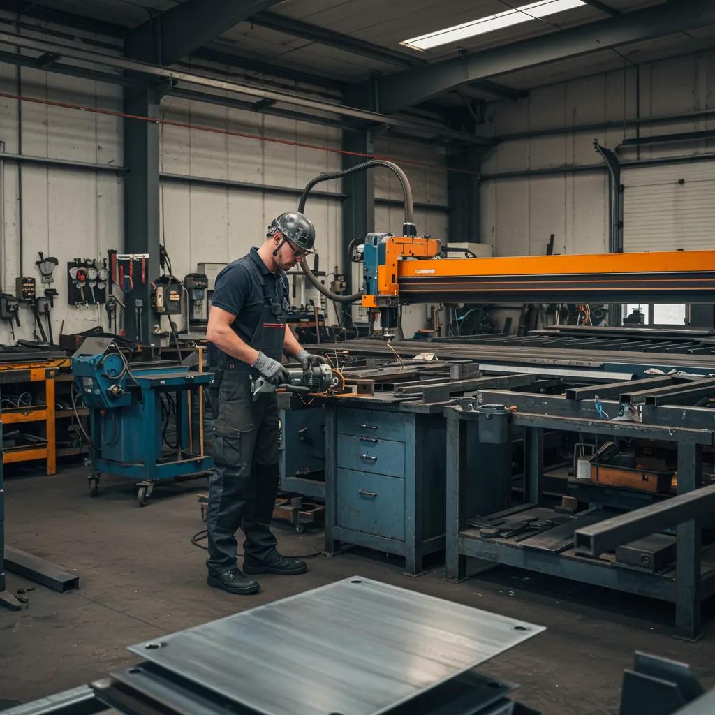 Skilled worker performing precision cutting in a sheet metal fabrication workshop