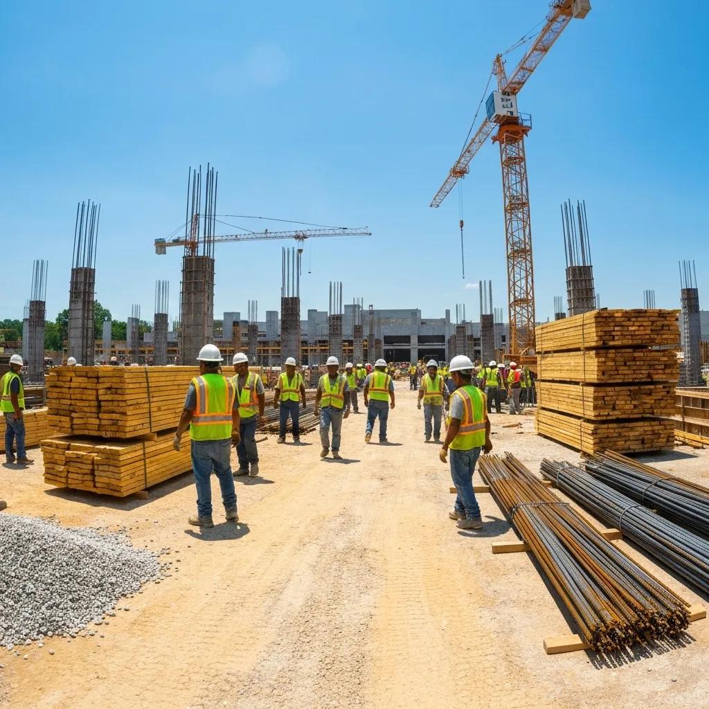 Knoxville commercial construction site with workers and cranes