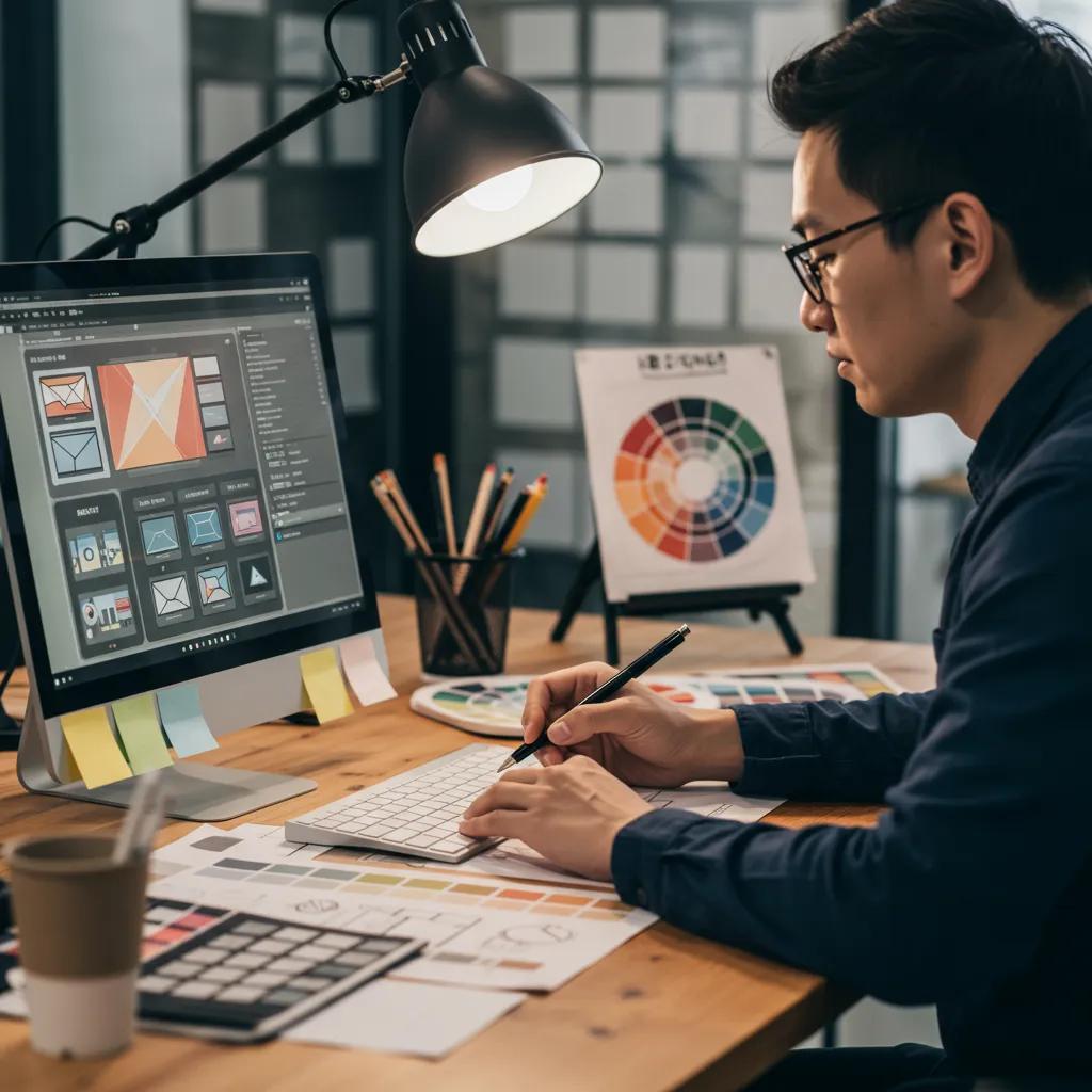 Designer creating custom web design solutions with tools and sketches