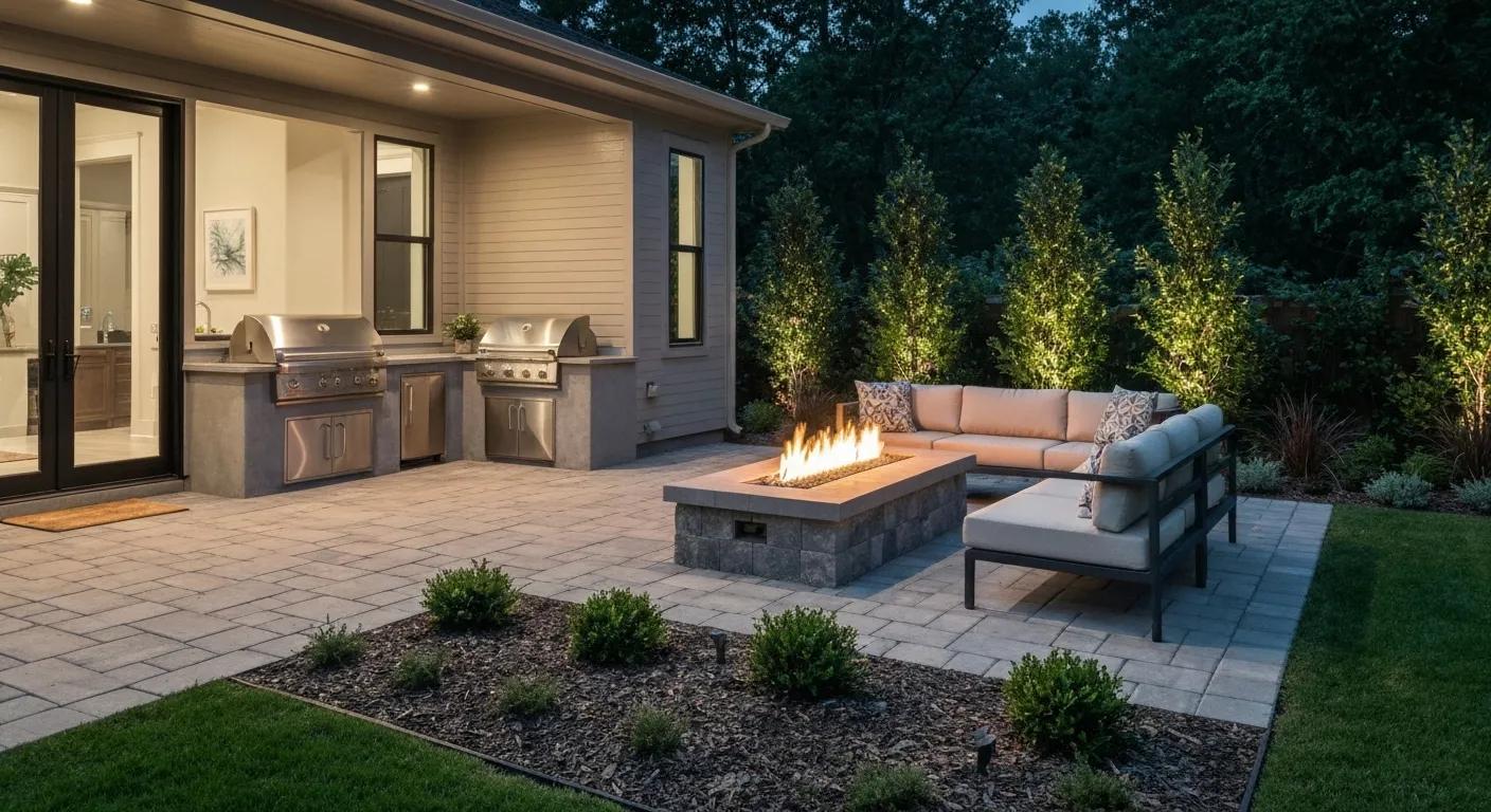 Cozy outdoor living space with a fire pit and built-in kitchen, illustrating expert landscaping and hardscape design Cozy outdoor living space with a fire pit and built-in kitchen, illustrating expert landscaping and hardscape design