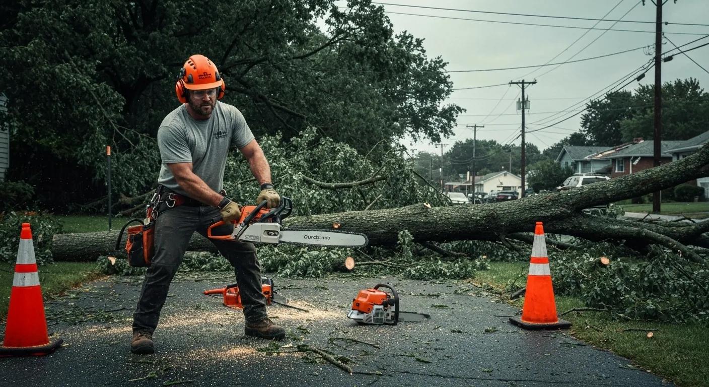 Certified arborist assessing a fallen tree blocking a driveway during an emergency tree removal service