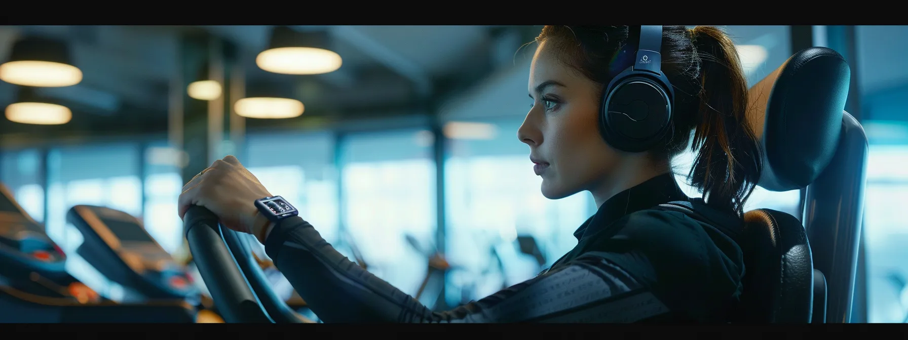 a person using a wearable tech device while exercising in a modern gym.