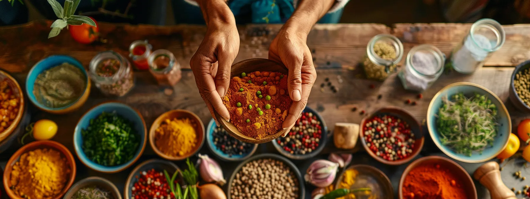 a person happily cooking a diverse and nutritious meal using a variety of fresh ingredients and colorful spices.