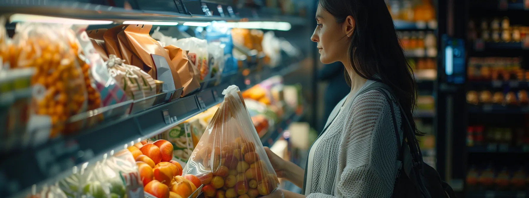 a woman carefully selecting healthy foods from a variety of options at a grocery store.