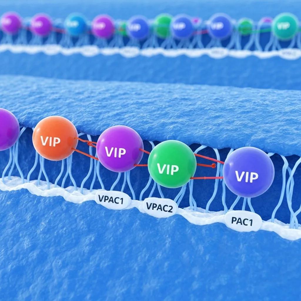 Illustration of Vasoactive Intestinal Peptide interacting with its receptors on a cell membrane