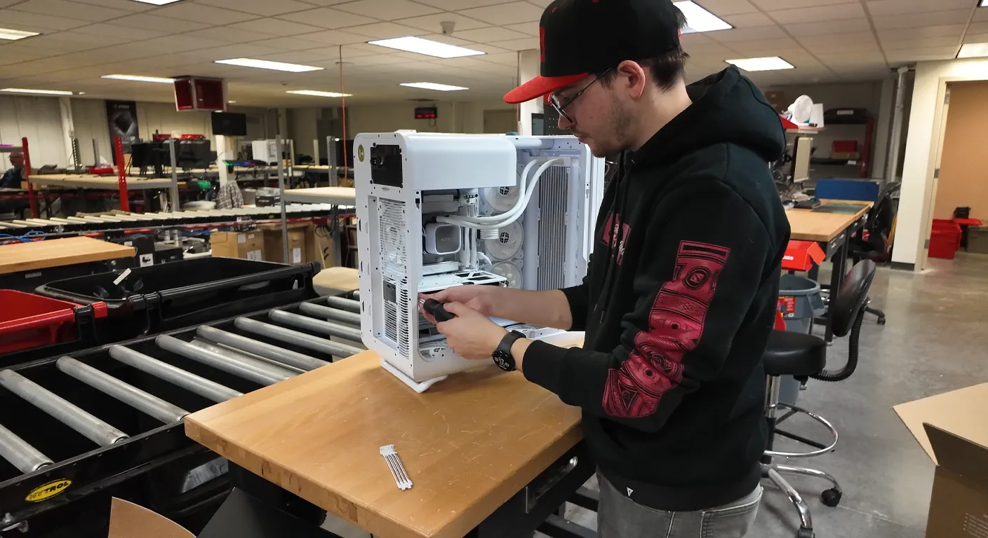 A XOTIC PC builder carefully assembles a custom white X50 PC case inside our production facility, highlighting hands-on craftsmanship and attention to detail.