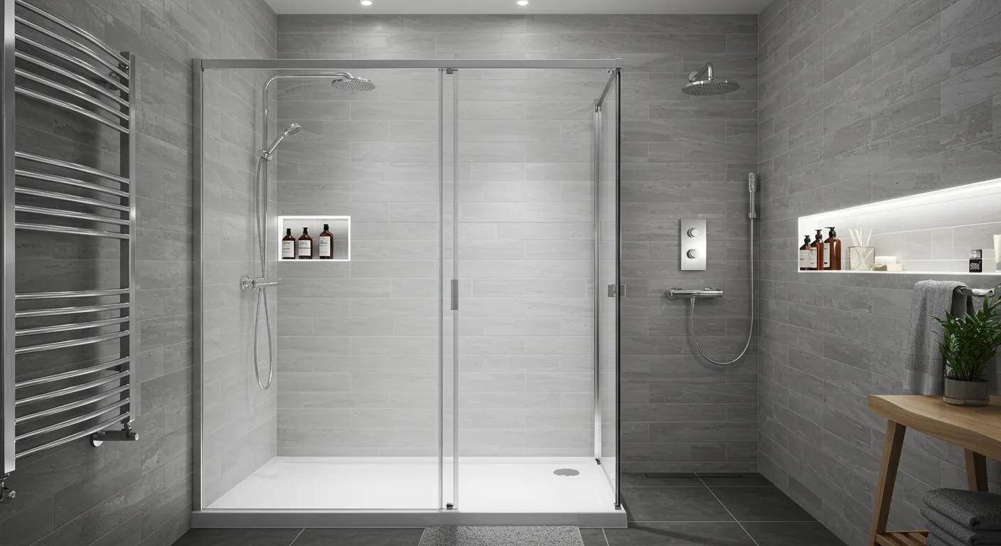a contemporary bathroom showcasing an affordable stand-up shower kit, featuring sleek, pre-fabricated walls and a modern non-slip shower base, illuminated by soft, even lighting that highlights its clean lines and practical design.