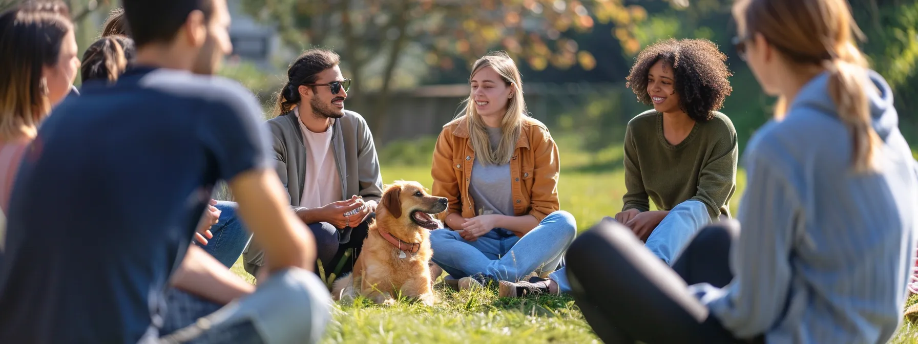 a group of people sharing tips and advice on dog training, discussing various topics to enhance their furry companions' well-being.