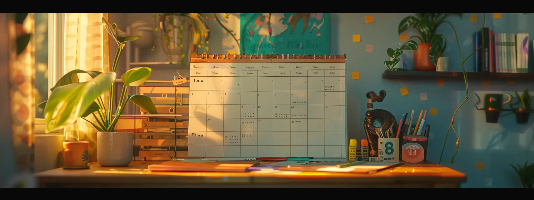 a colorful, detailed june 2025 calendar displayed on a desk, marked with various key dates and holidays, emphasizing organization and preparedness for upcoming events.