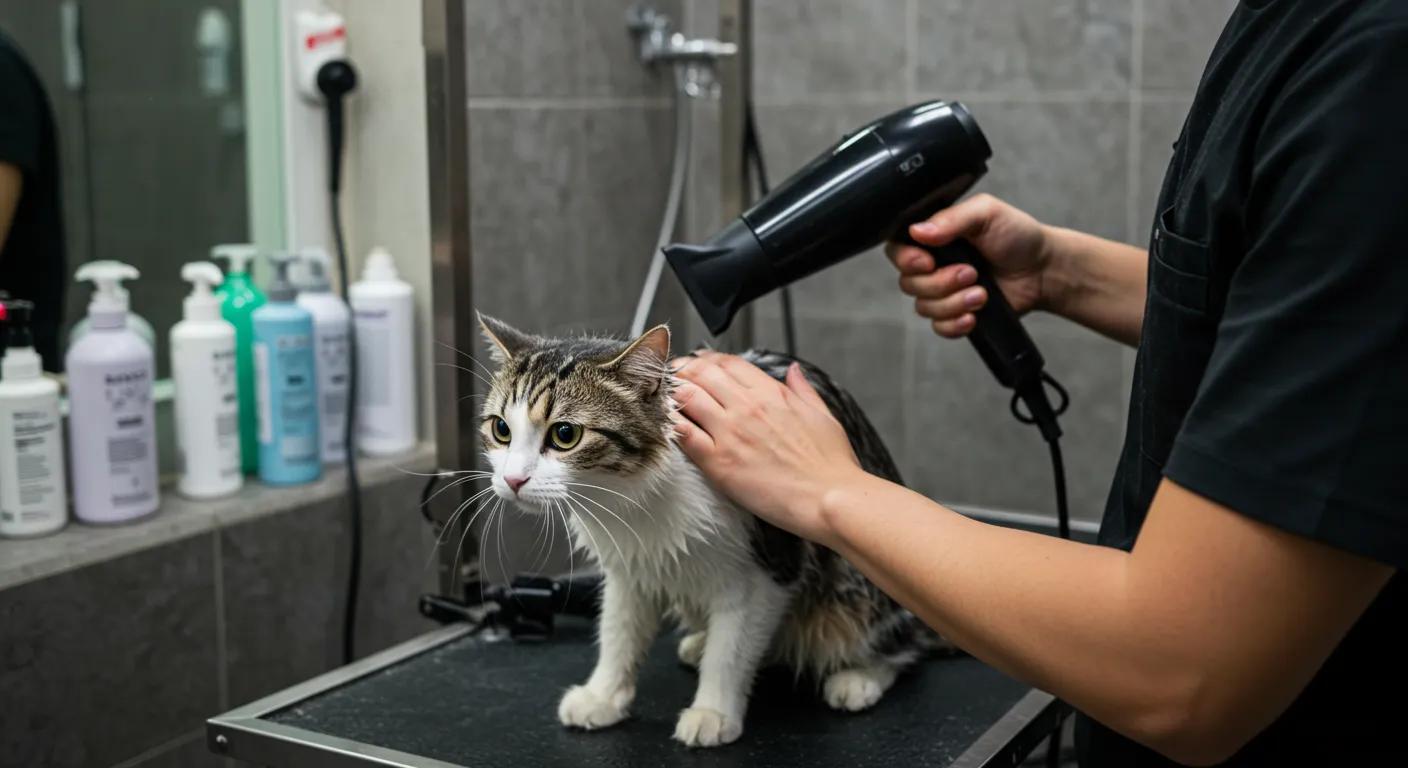 a modern pet grooming salon showcases a cat being carefully dried indoors with a sleek hairdryer, highlighting the contrast between controlled temperature and the potential risks of overheating, set against a sophisticated spa-like backdrop. a modern pet grooming salon showcases a cat being carefully dried indoors with a sleek hairdryer, highlighting the contrast between controlled temperature and the potential risks of overheating, set against a sophisticated spa-like backdrop.