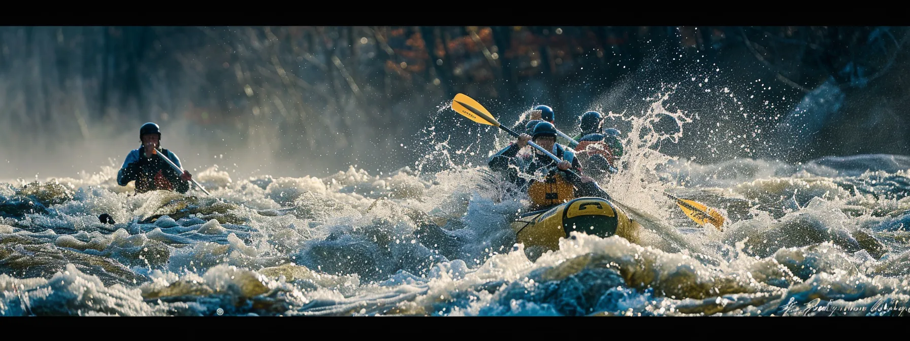 a group of experienced paddlers navigating through intense rapids with complex features on the middle ocoee river.