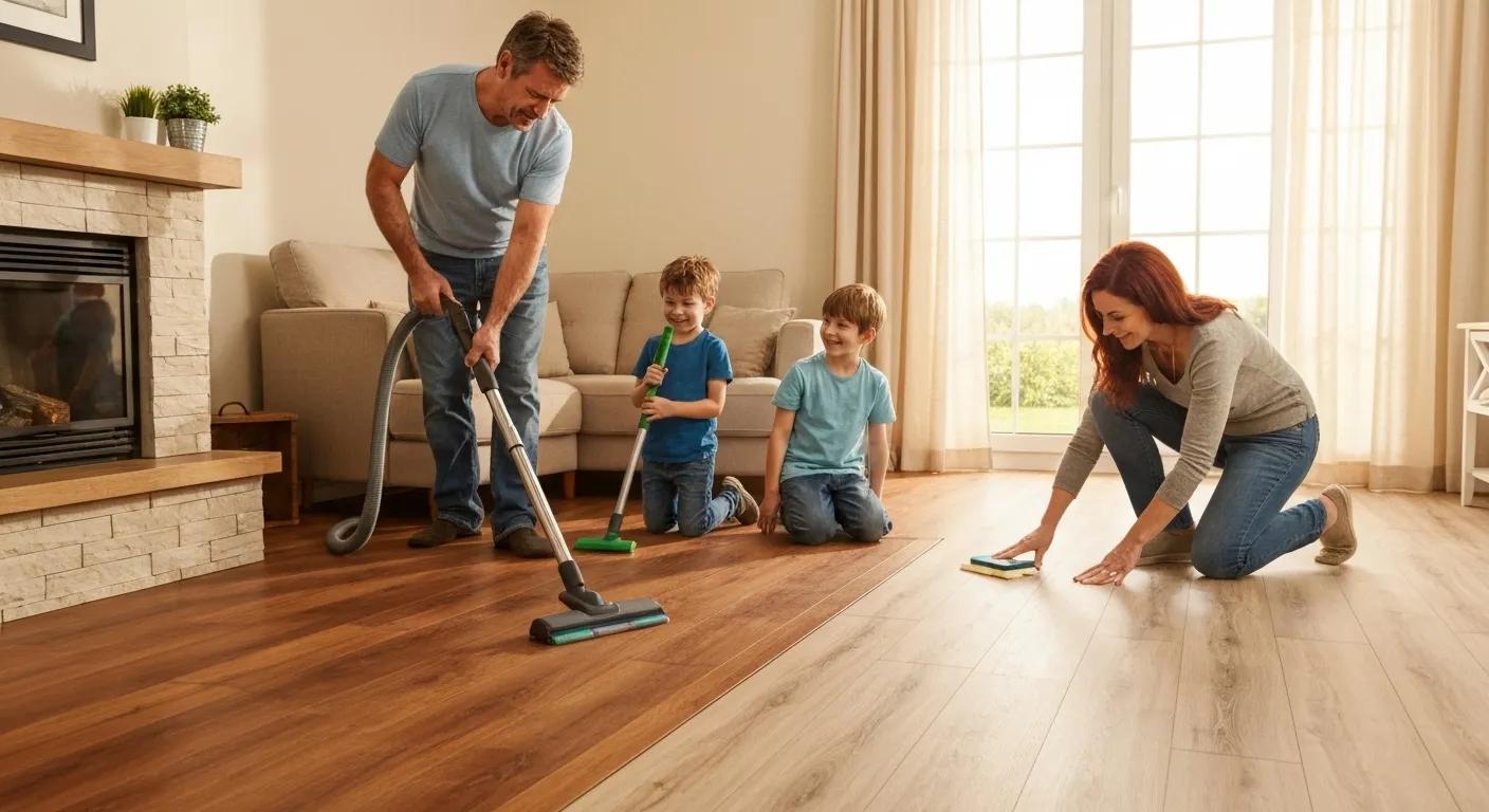 Cosy living room with a family tending to their hardwood and laminate flooring