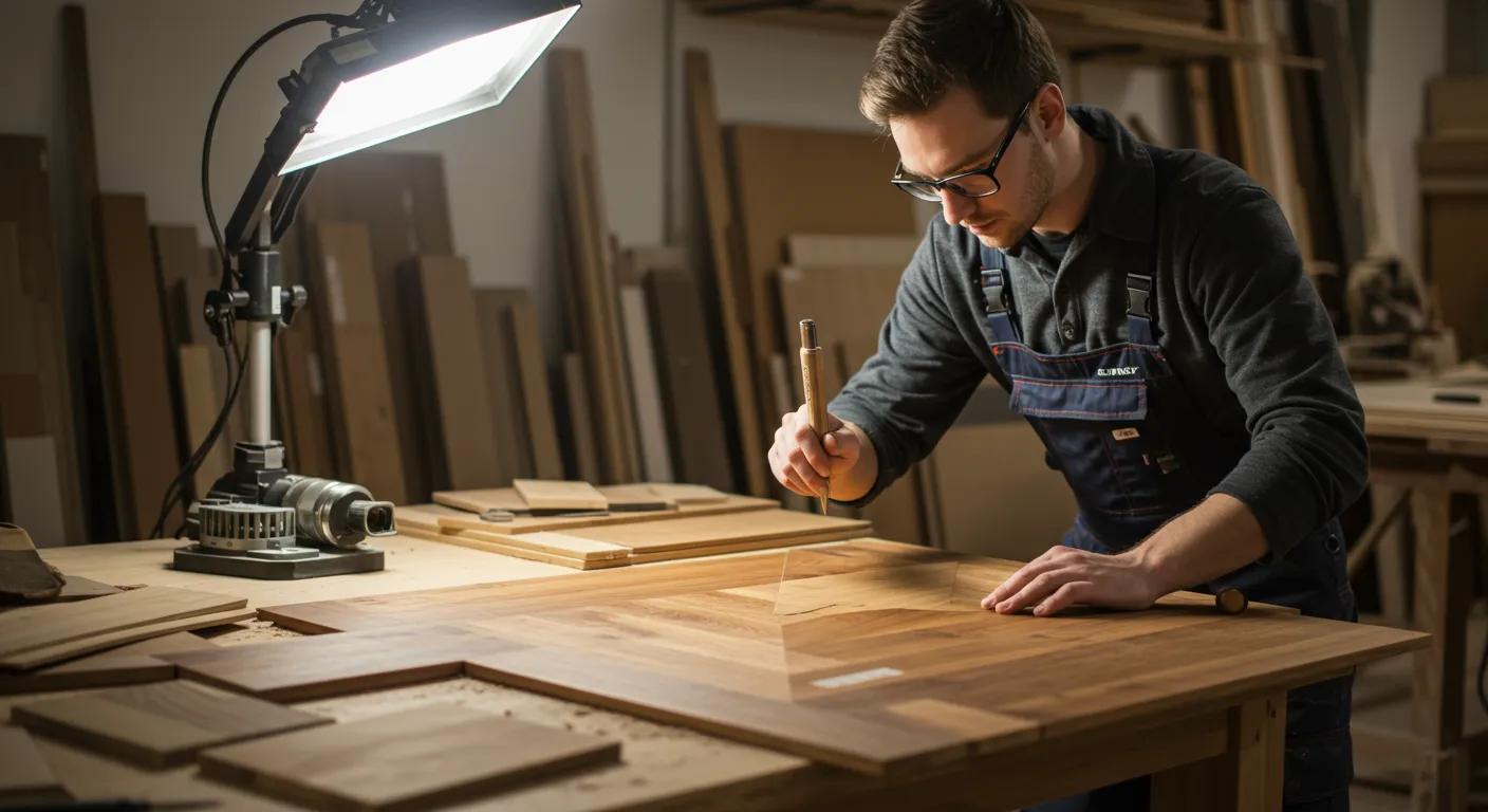 a skilled technician in a modern workshop inspects a beautifully crafted hardwood floor, surrounded by tools and samples that reflect regional styles and climate considerations, under bright, focused artificial lighting. a skilled technician in a modern workshop inspects a beautifully crafted hardwood floor, surrounded by tools and samples that reflect regional styles and climate considerations, under bright, focused artificial lighting.
