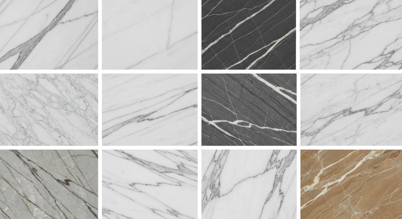 Showcase of various Italian marble types, including Carrara, Calacatta, and Statuario, displaying their unique colours and veining patterns