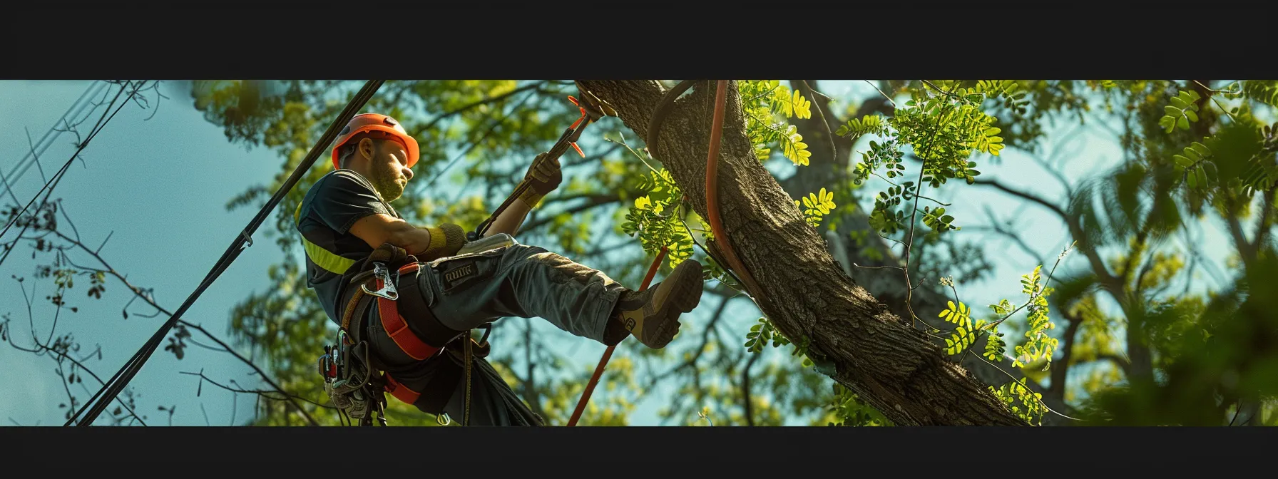 an arborist carefully trimming overhanging branches near power lines in an urban area to enhance safety and preserve tree health.