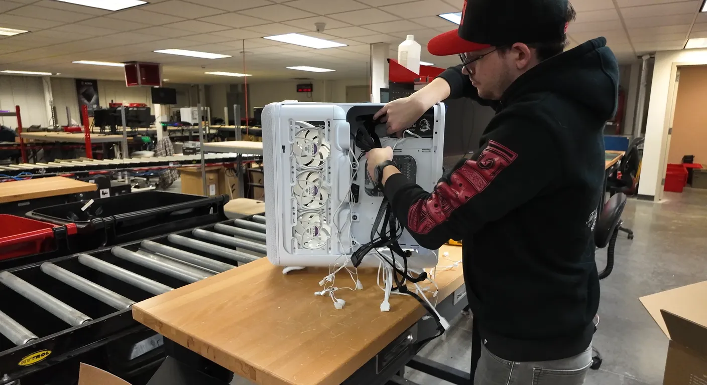 A XOTIC PC technician assembling a custom gaming PC case on our production floor.
