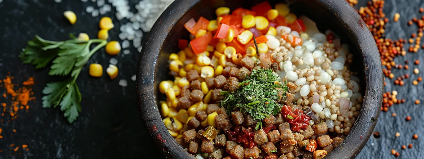 a bowl of customized dog food with various ingredients mixed together.