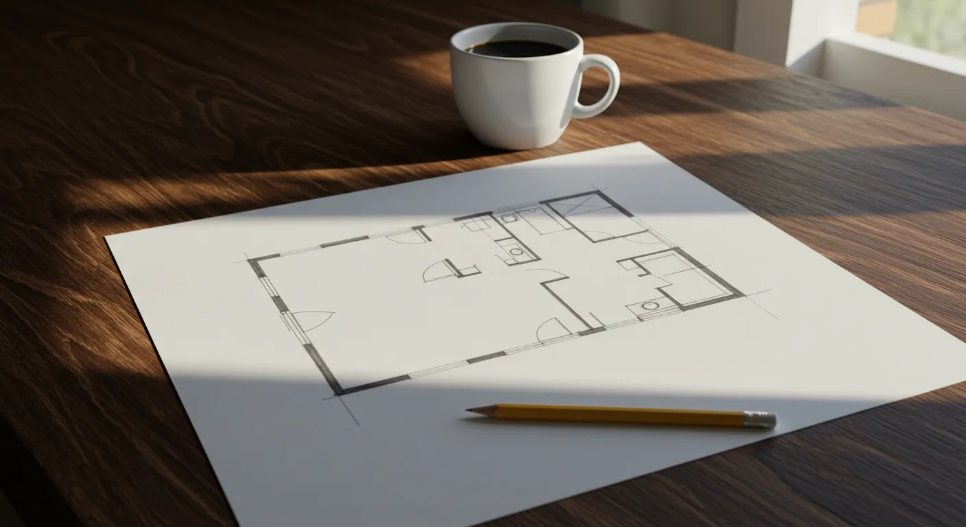 Overhead view of a blank home floor plan sketch Overhead view of a blank home floor plan sketch