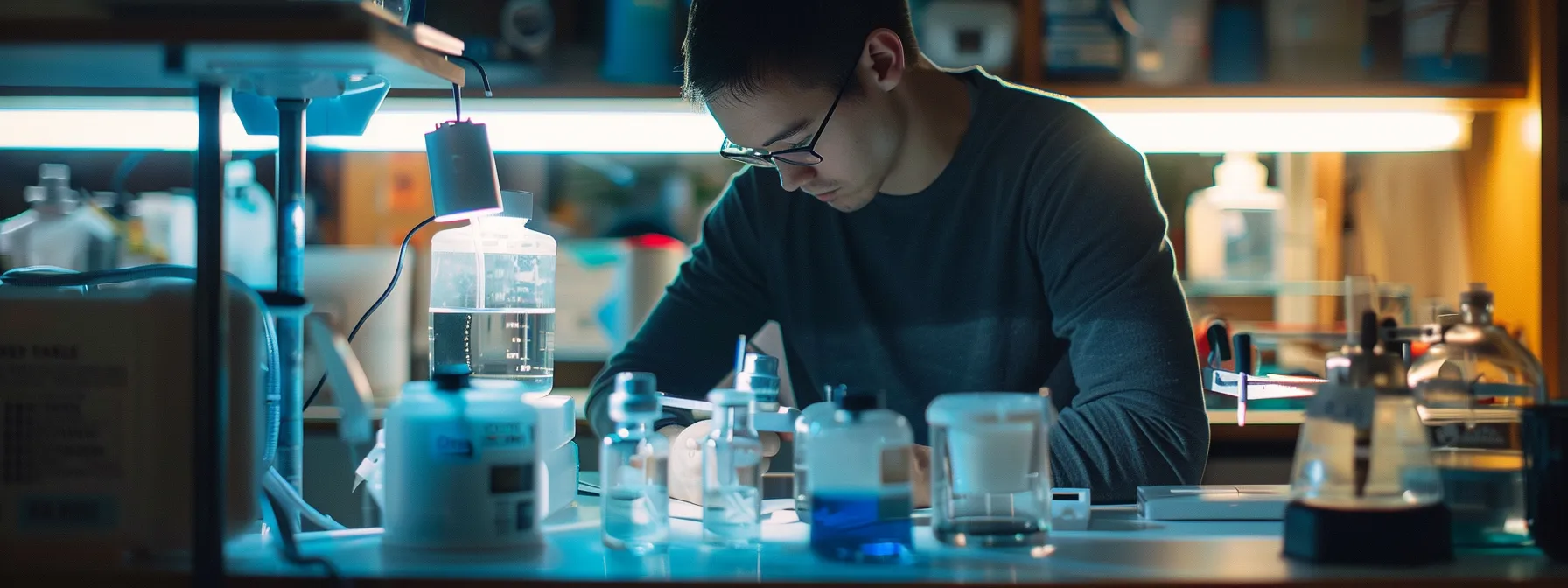 a person carefully comparing different dechlorinators on a table, considering cost and performance factors.