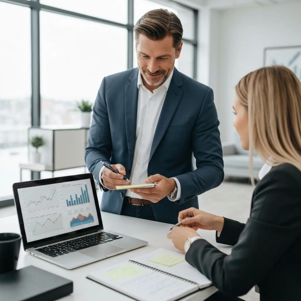 Business professionals discussing financing options for industrial air compressors in a modern office