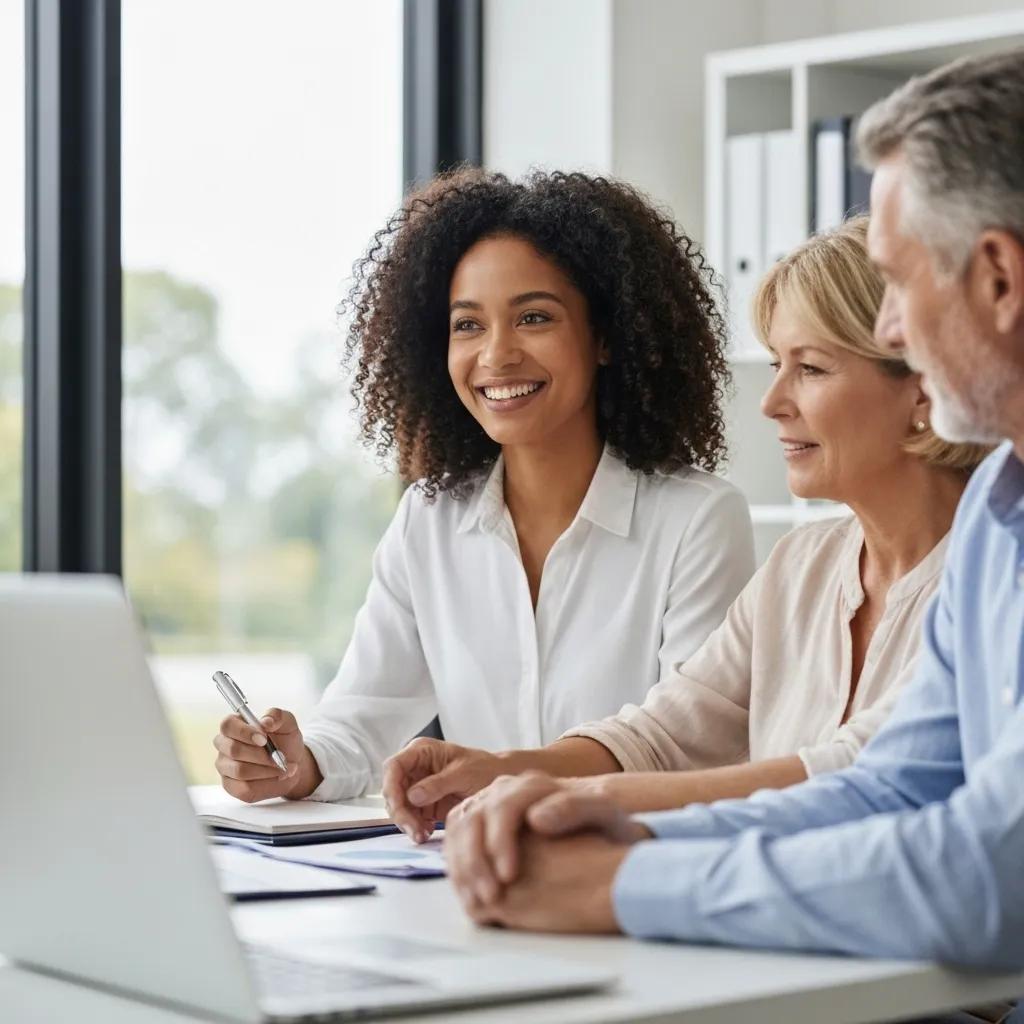A financial advisor discussing aged care fees with a family in a welcoming office environment