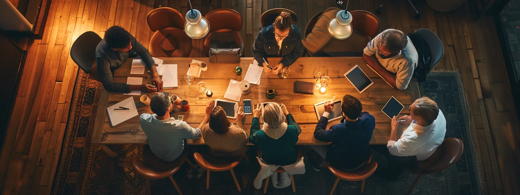 a group of people discussing digital privacy concerns around a table filled with electronic devices.